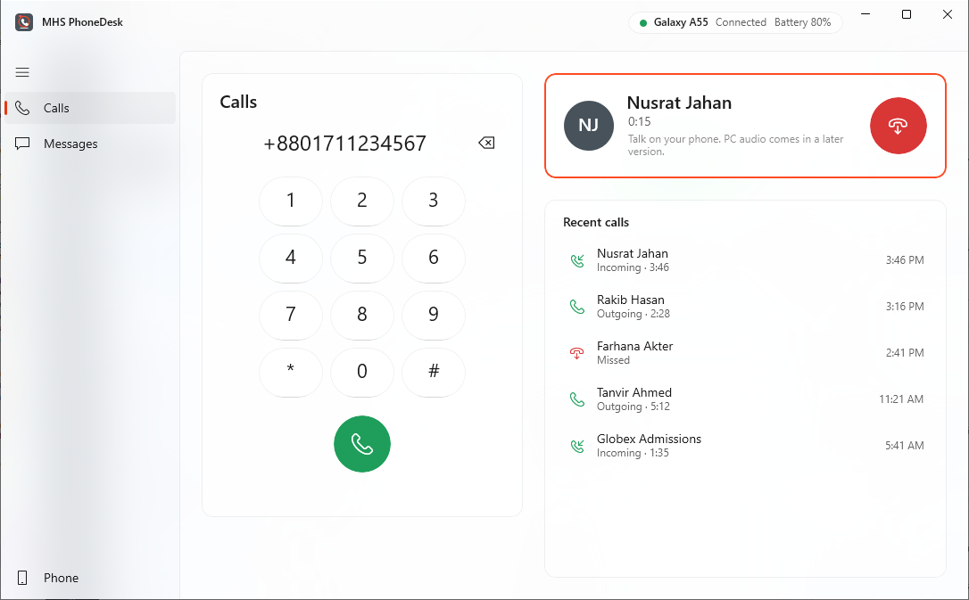 PhoneDesk Calls screen during a call with Nusrat Jahan, with the keypad and recent calls